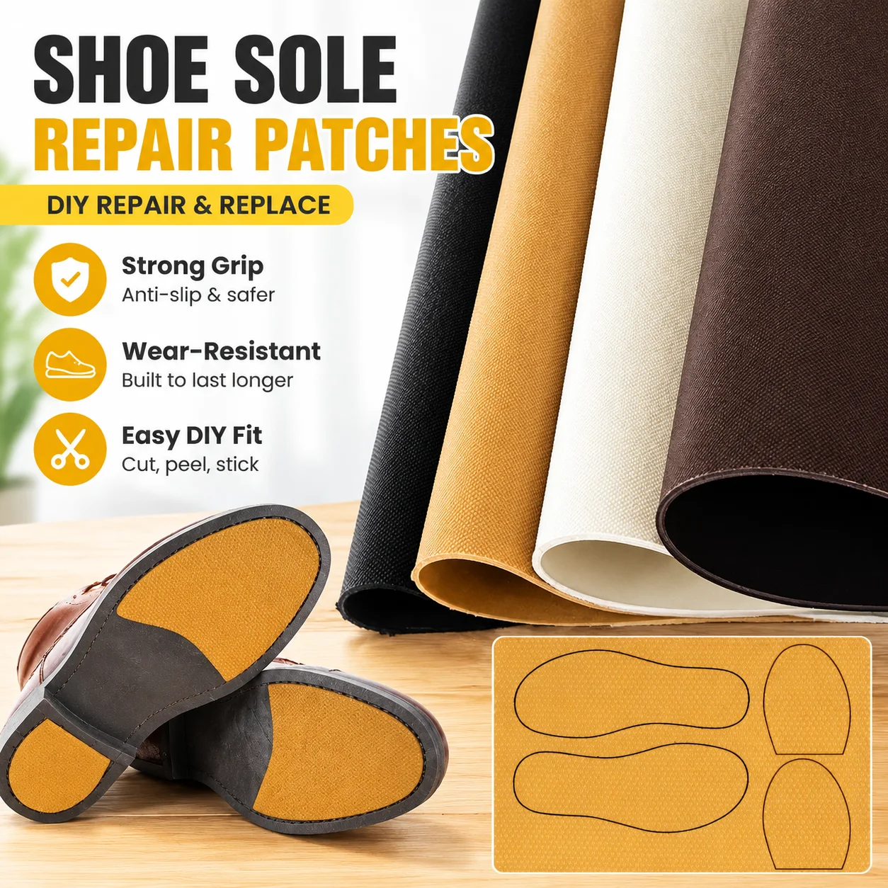 Self-Adhesive Rubber Shoe Sole Repair Patches, Wear-Resistant Non-Slip Outsole Stickers for Men and Women DIY Replacement
