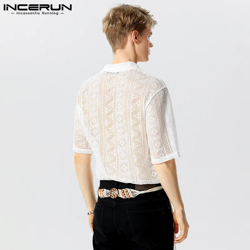 INCERUN Tops 2024 American Style Casual Mens Hollow Lace Printed Shirts Fashion Street Hot Sale Short Sleeved Lapel Blouse S-5XL