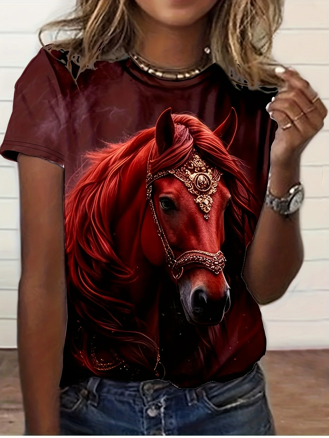 Damen-T-Shirt – Verziertes, vergoldetes blaues Pferdemotiv, königliches, mythisches Pferdedesign für den Alltag – Detail 7