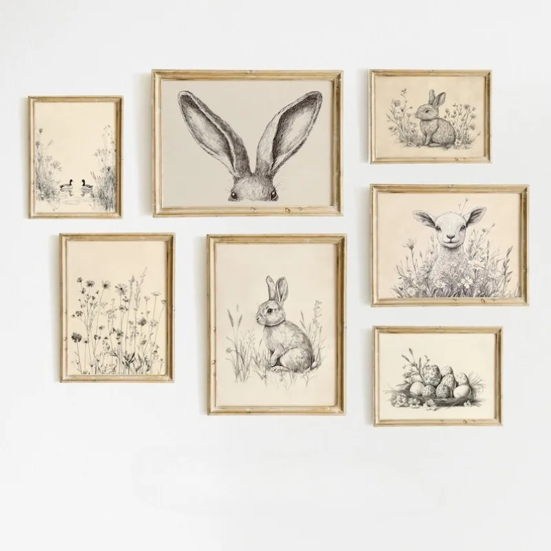 

Нейтральные весенние принты, настенные эскизы в стиле галереи, рисунки пасхальных кроликов, пасхальные принты, декор для пасхального фермерского дома