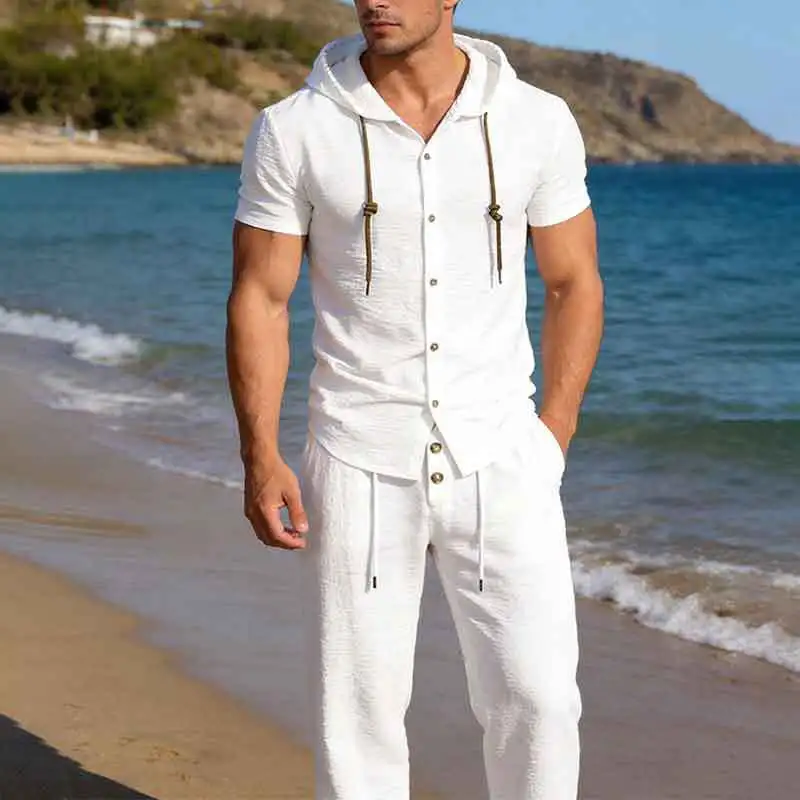 

Men's Sport Casual Suit - Stylish and Handsome, with A Hooded, Pleated Short-sleeved Shirt and Loose-fitting Trousers.