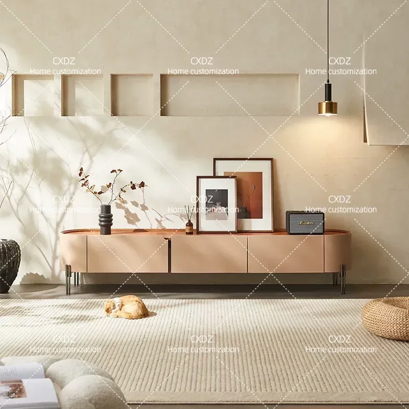 Modern Simple TV Cabinet Coffee Table Set Saddle Leather Small Apartment High End Elegant Media Console Furniture