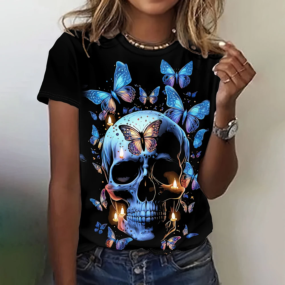Funny 3D Skulls Print Women's T-Shirts Hip Hop Gothic Harajuku Female Clothing Fashion Rose Short Sleeve Casual O-neck Loose Top