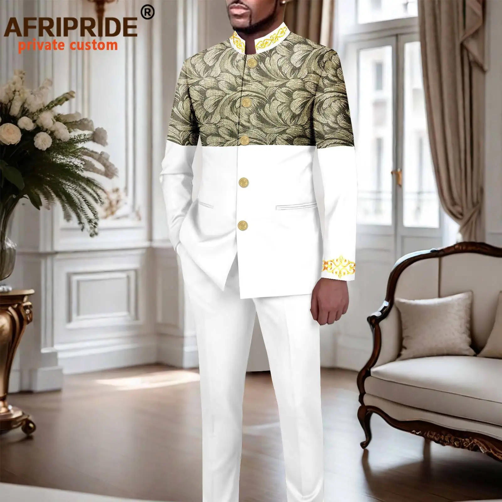 African Suits for Men Slim Fit Embroidery Single Breasted Full Sleeve Printed Blazer and Pants Set Formal Outfits 2416078