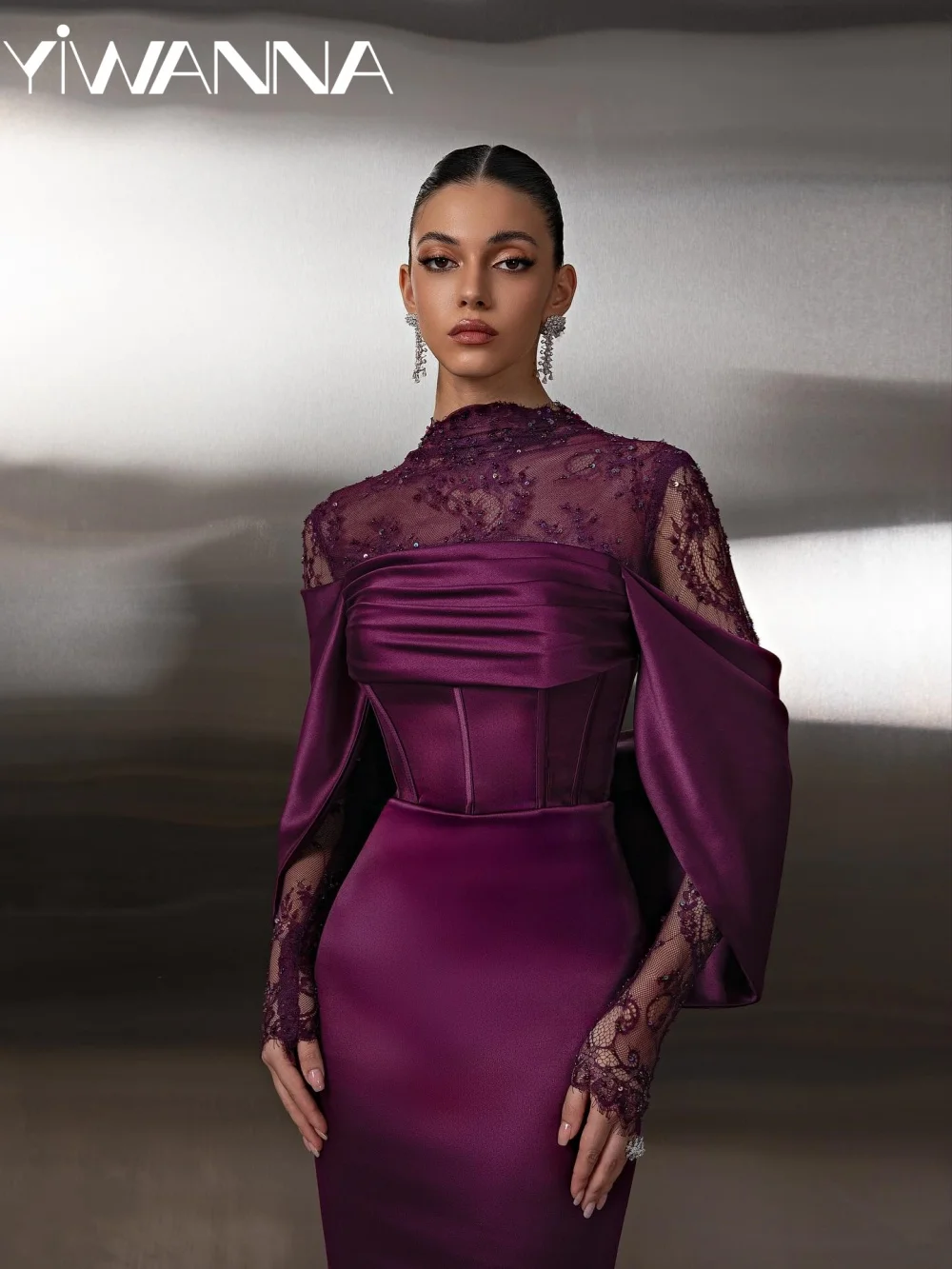 

Purple Beaded Satin Evening Dress Elegant High Collar Mermaid Long Wedding Party Gown Customized Modern Formal Banquet Gowns