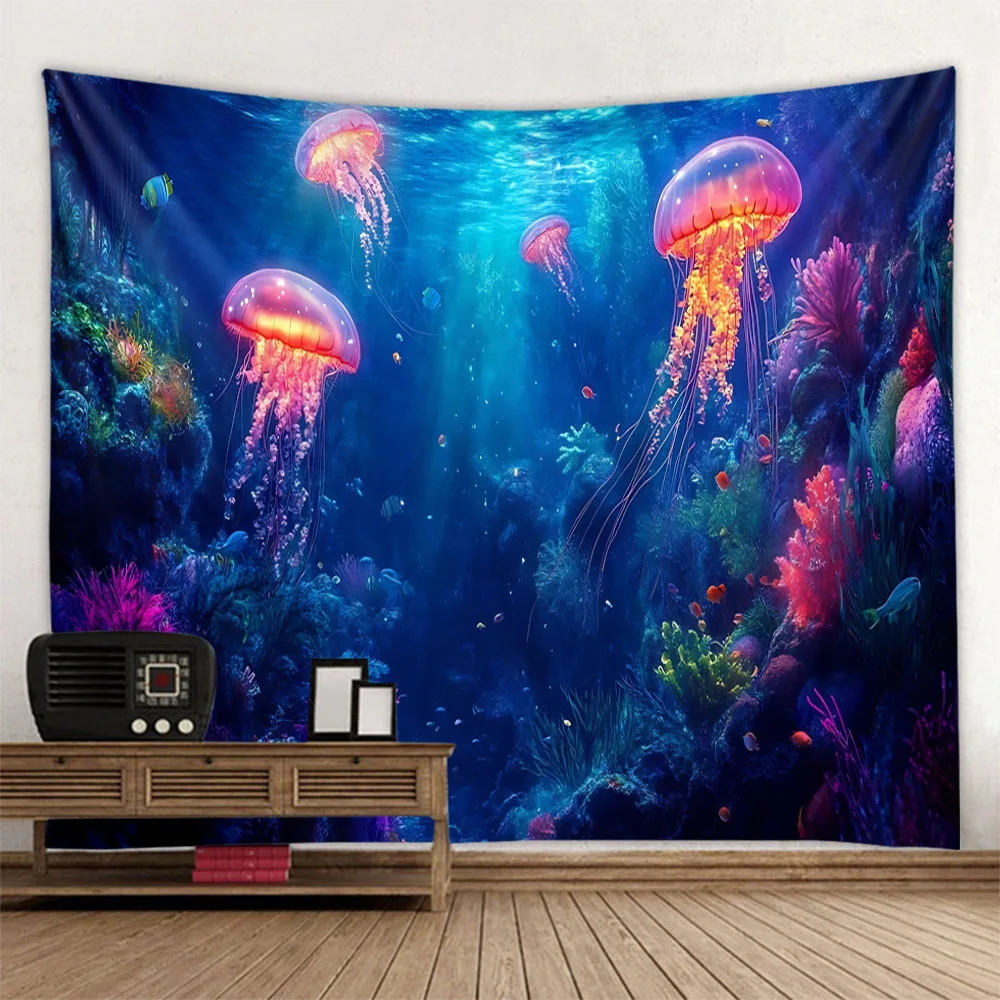 Dreamy Cartoon Underwater Jellyfish Wall Tapestry Kids Room Background Poster Home Decoration Mural Bed Sheets