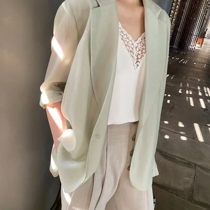 

Women Blazer Solid Color Loose Cardigan Blazers Summer Three-quarter Sleeve Single Button Lapel Formal Women Suit Jackets A302