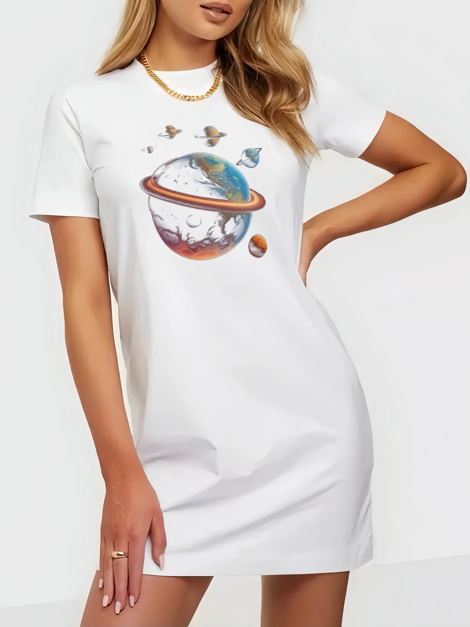 Mysterious Universe Planet Print T-shirt Mini Dress Astronomy Enthusiasts Youthful Summer Woman Dress 2024 New