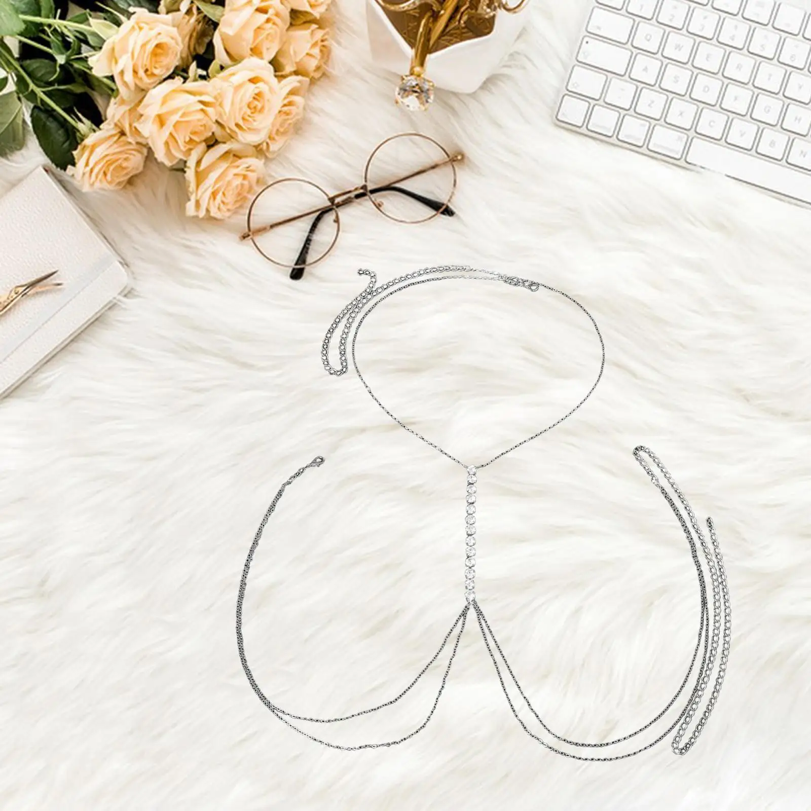 Adjustable Breast Chain for Women Girls Copper Rhinestone Underwear Chain Bikini Waist Harness Beach Summer Festival