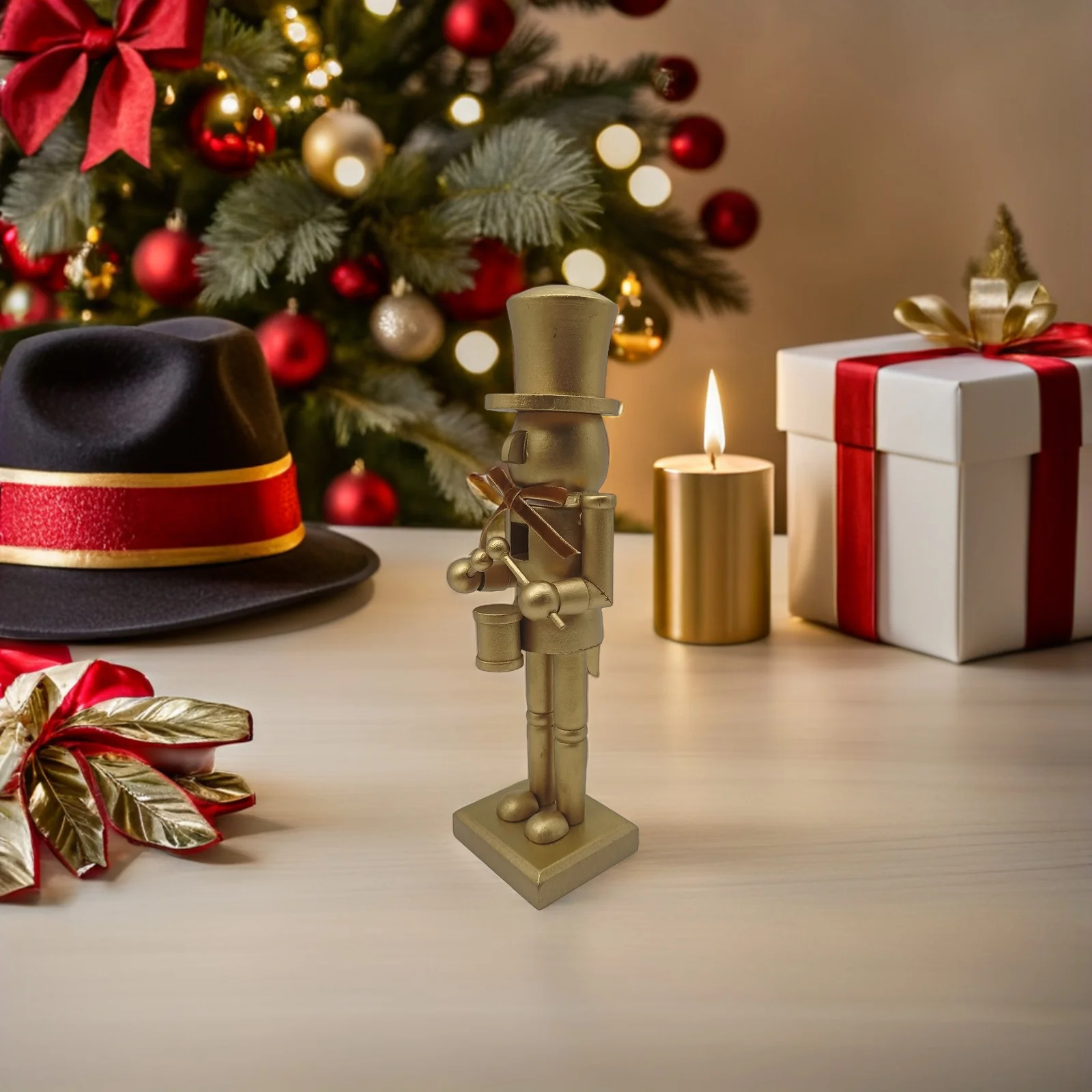 

Christmas Nutcracker Wooden Golden Bowknot Handpainted Mantel Shelf Table Centerpiece Holiday Decoration Christmas Wooden Figure