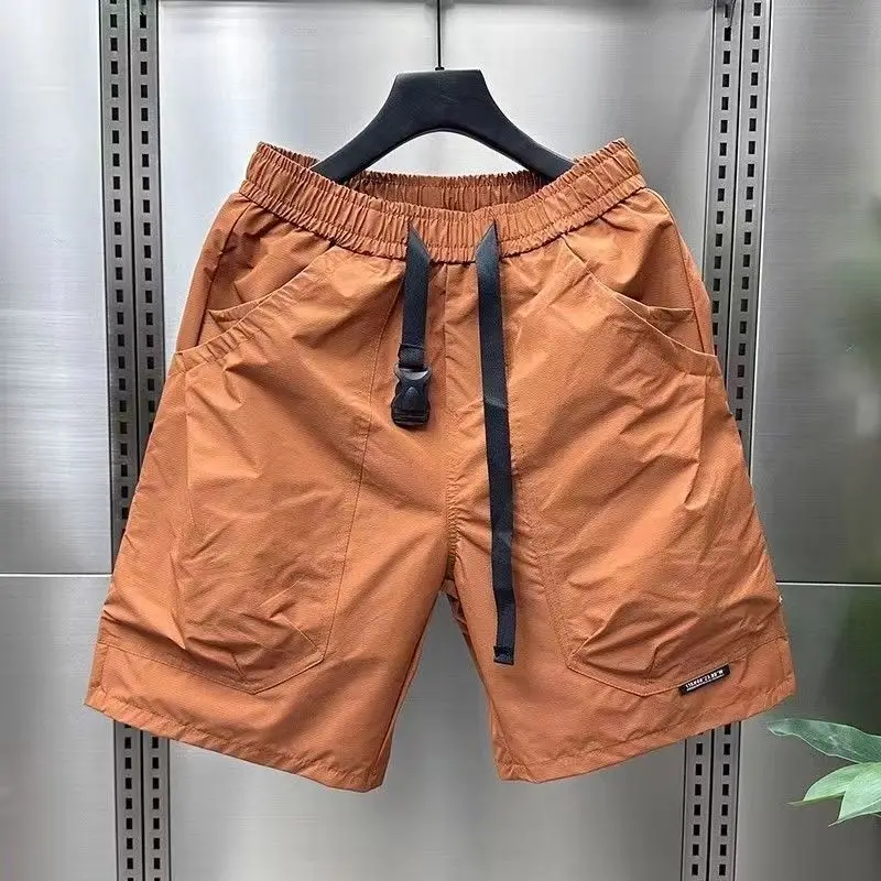 Trendy Brand Fashion Summer Men\'s Solid Color Elastic Waist Drawstring Pockets Patchwork Casual Loose Cargo Knee Length Shorts