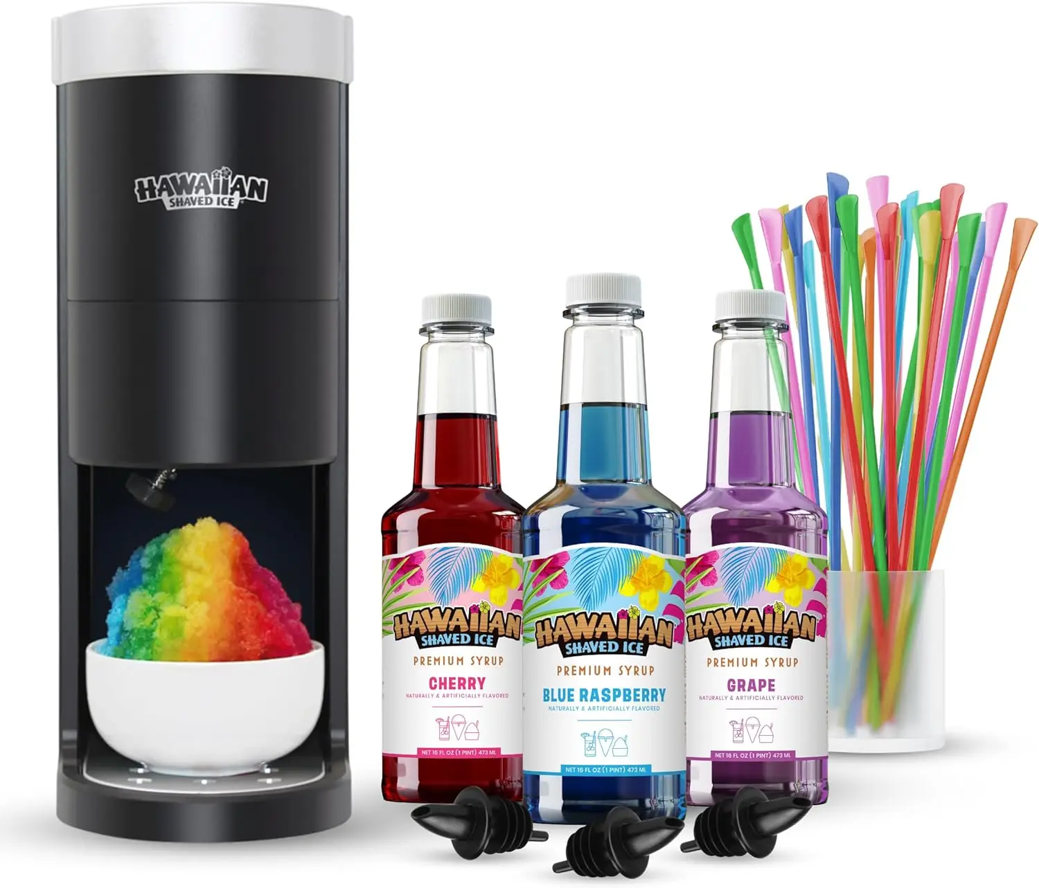 HomePro Shaved Ice Machine Kit, 3-16oz. Syrup Flavors Cherry, Grape, Blue Raspberry, 50 spoon straws, 3 black pour spouts