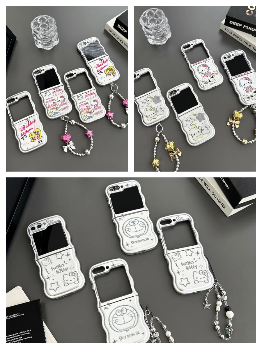 Luxury Silver Plating HelloKitty with Lanyard Phone Case for Samsung Galaxy ZFlip 6 5 4 3 Hard Anti-drop Back Cover Funda Sanrio