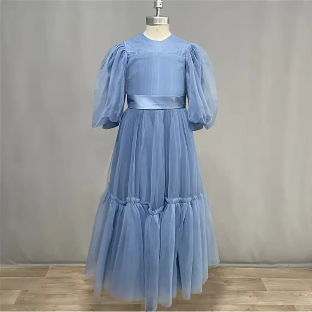 Abito da sposa personalizzato per ragazza di fiori con volant e cintura con fiocco, maniche a sbuffo, abito da festa di compleanno, abito da prima comunione per damigella d'onore