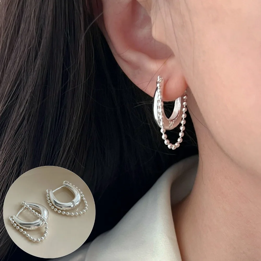 1Pair Beads Chain Hoop Earrings U-shaped Tassel Tassel Earrings Double Layer Silver Color Geometric Hoop Earrings Women