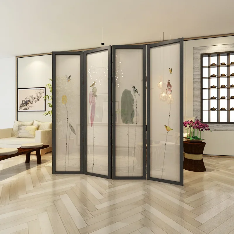 New Chinese screen partition living room can be moved into the home modern simple folding block tea room decorative lotus foldin