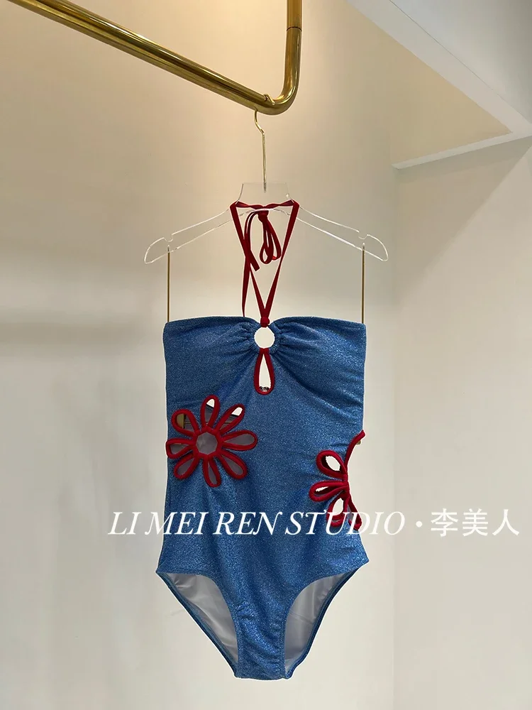New sexy hollow suspender blue sparkling one-piece swimsuit vacation