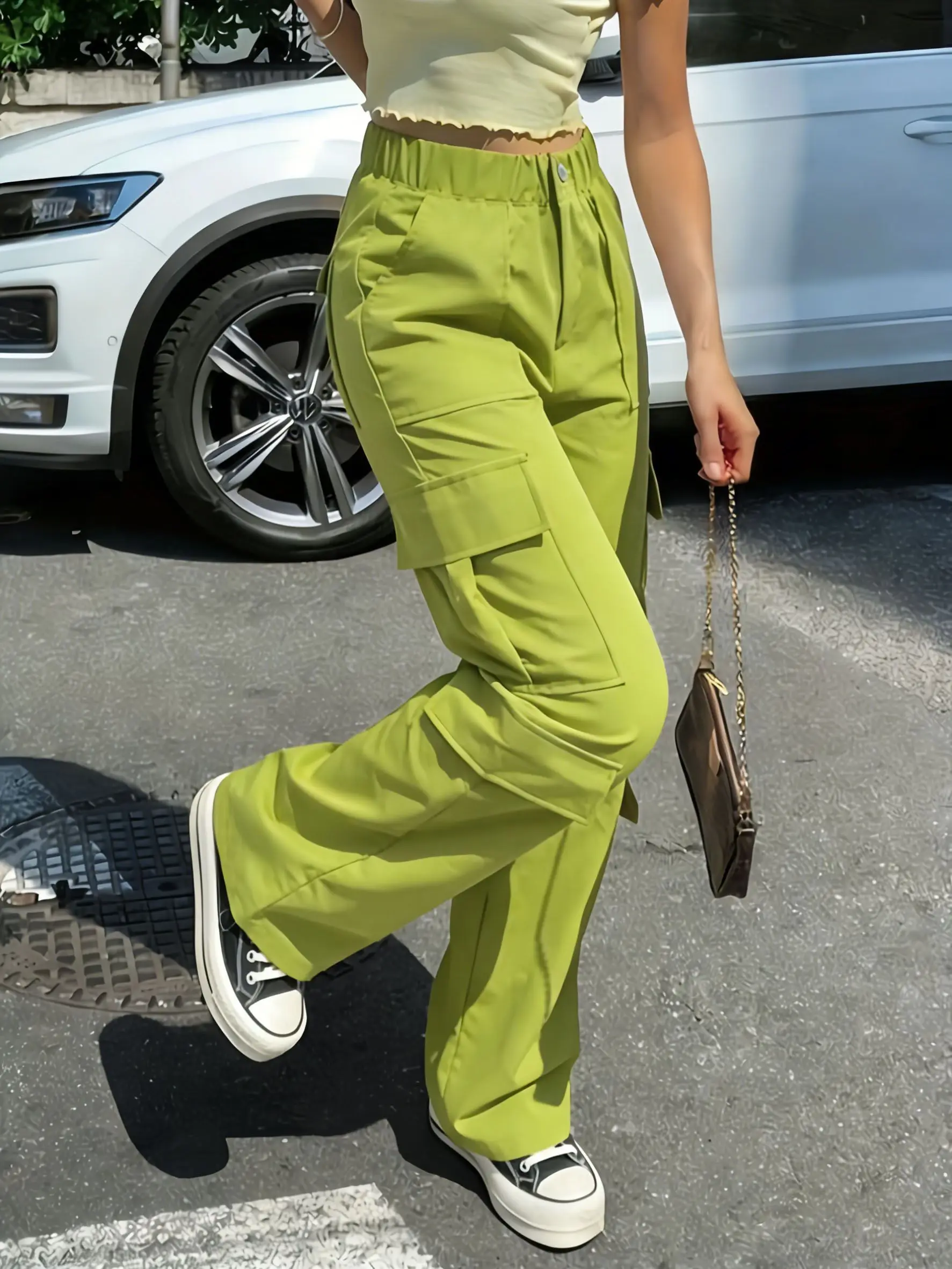 Women's Street‑style Casual Elegant Loose‑fit Pants, Elastic‑Waist Multi‑Pocket Commuter Casual Cargo Pants
