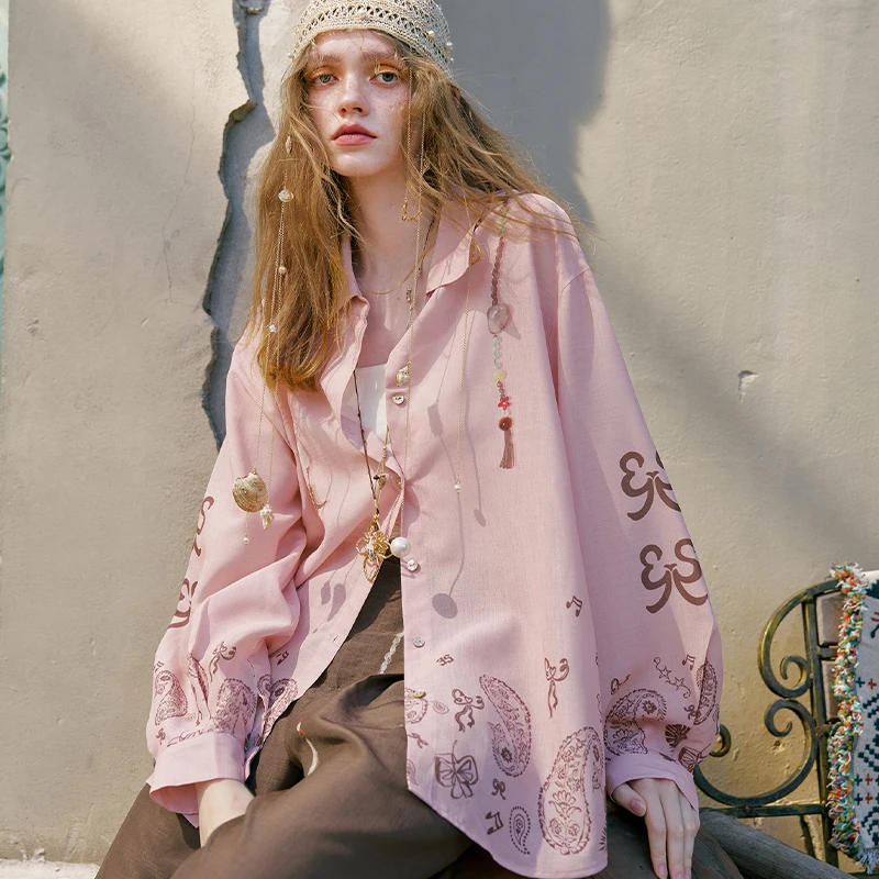 ELFSACK Women's Vintage Paisley Print Long Sleeve Shirt, Lapel Beaded Tassel Drawstring Loose Casual Blouse with Leather Patch
