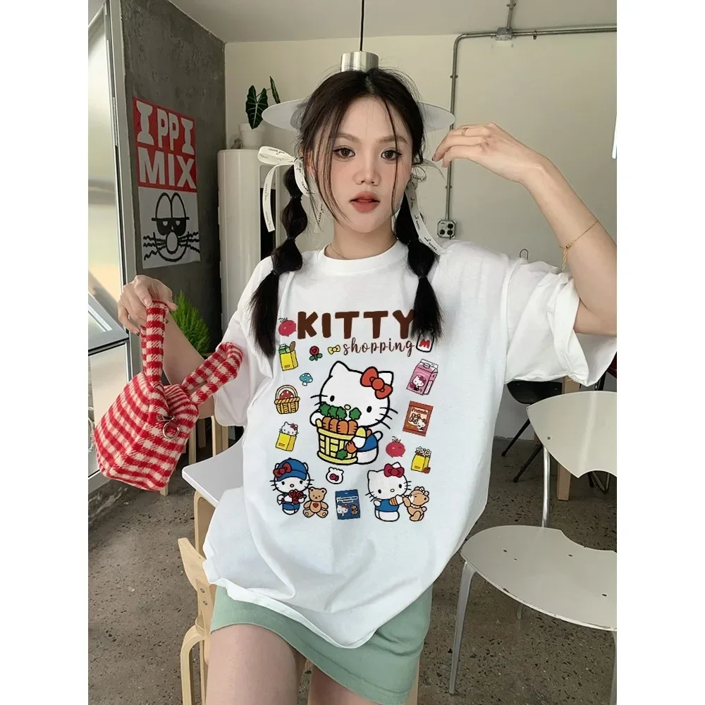 2026 Summer Hello Kitty Shopping Theme Printed Extra Large Loose-Tee Shirt for Adults, Children, Parents and Kids Y2k