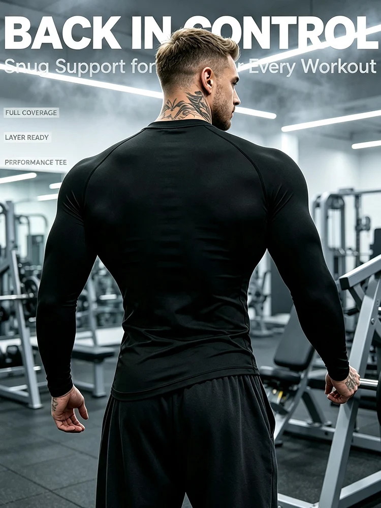 Men Quick‑Dry Stretch Compression Long Sleeve Shirt Breathable Slim‑Fit Gym Workout Athletic Base Layer Sports Undershirt