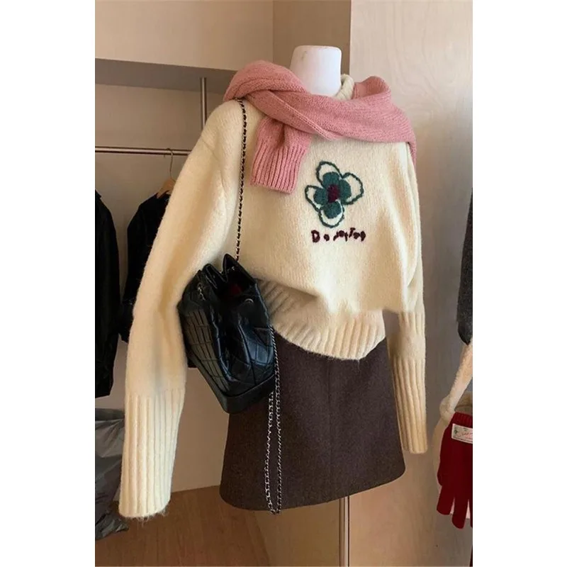 

Осень-зима, новые жаккардовые свитера с круглым вырезом и буквами, женская одежда, повседневные свободные вязаные пуловеры, офисные женские теплые мягкие топы