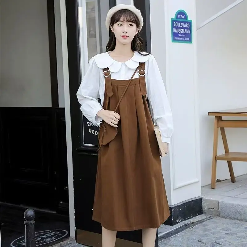 Kawaii Lolita Peter Pan Collar Shirt Sleeveless Suspender Strap ALine Dress Cute Casual Loose Outfit College Style Student Dress