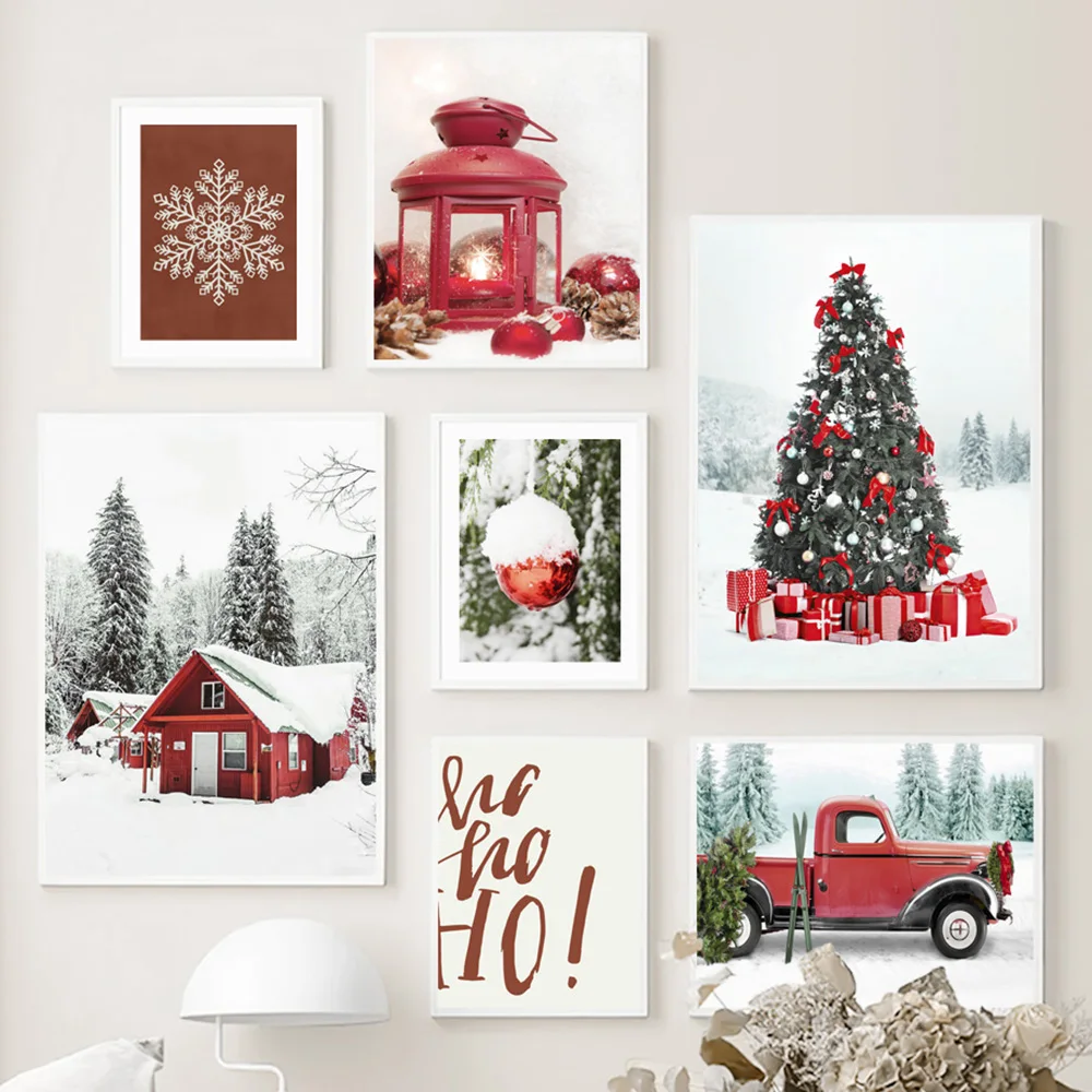 Vintage Posters and Prints Christmas Tree Wall Art Car Red Light Canva Painting Decoration Living Room Wall Pictures Home