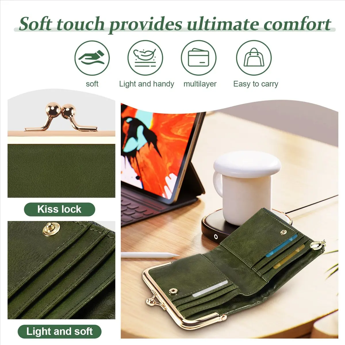 Lively- Women's Short Wallet Bifold Retro Multifunction Coin Purse with Zip and Kiss Lock Green