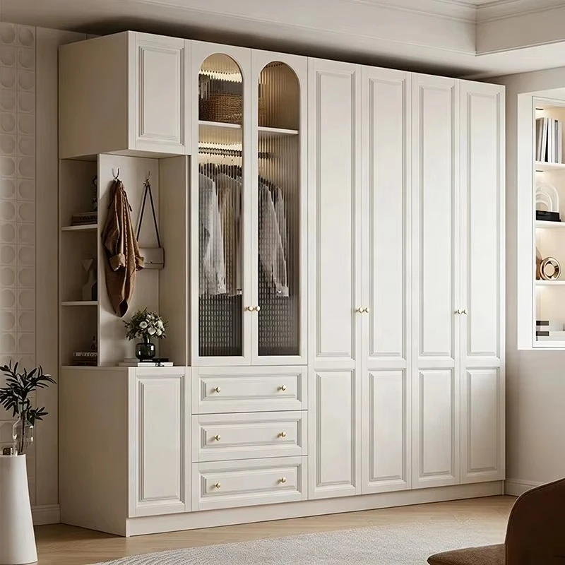 White Cream‑Tone Hinged Door Wardrobe, Modular Combination Storage Closet for Home Bedroom Simple Economical Furniture
