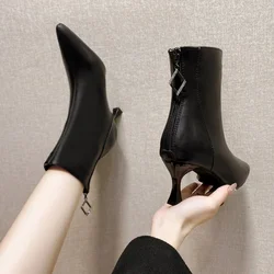 High Heels Dress Shoes Pointed Toe Bare Boots Black Booties Thin Heeled Fashion Ankle Boots Retro Ladies Shoes Women's Boots