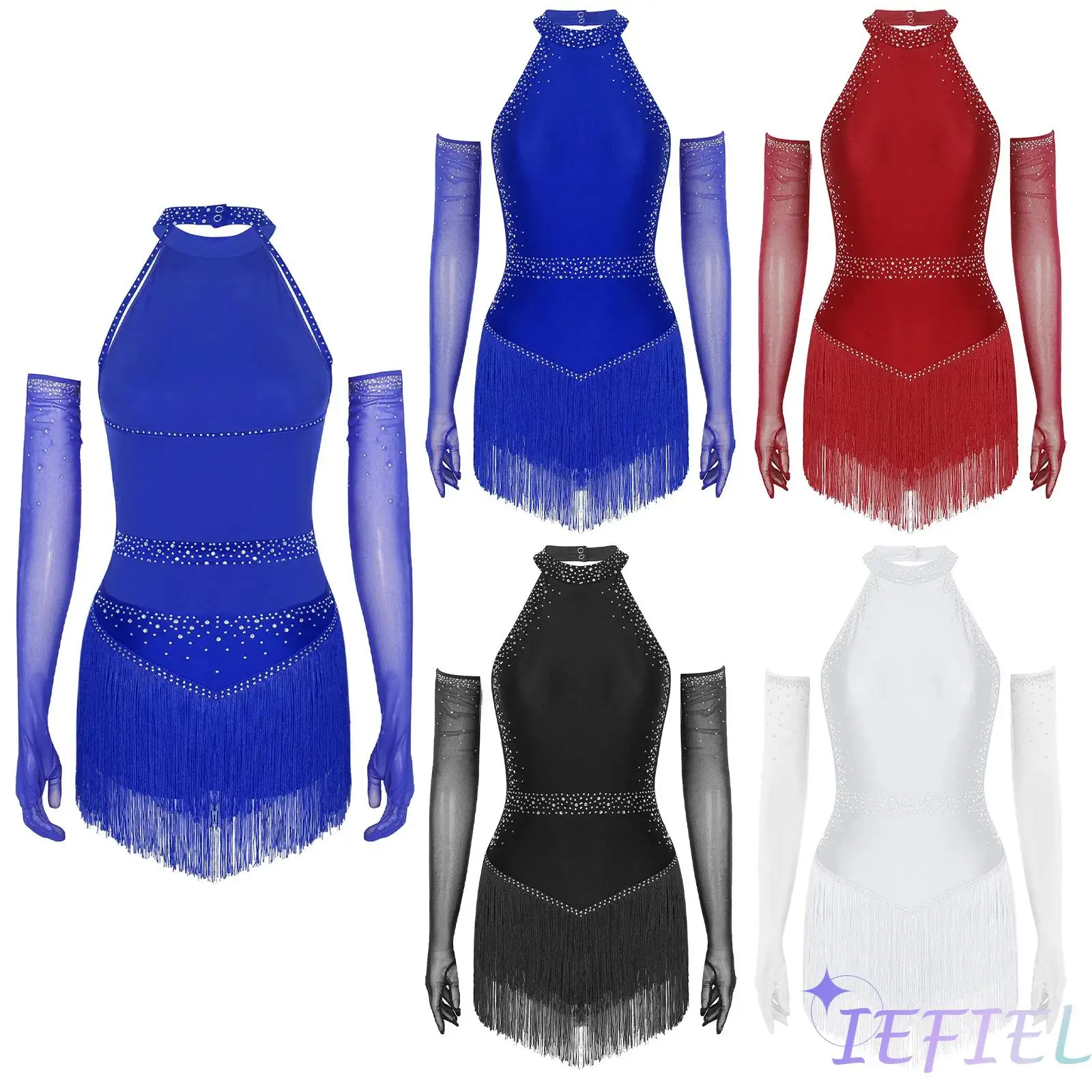 

Women Latin Dance Outfit Halter Backless Tassel Rhinestones Leotard with Gloves Stage Salsa Tango Belly Dancing Costume