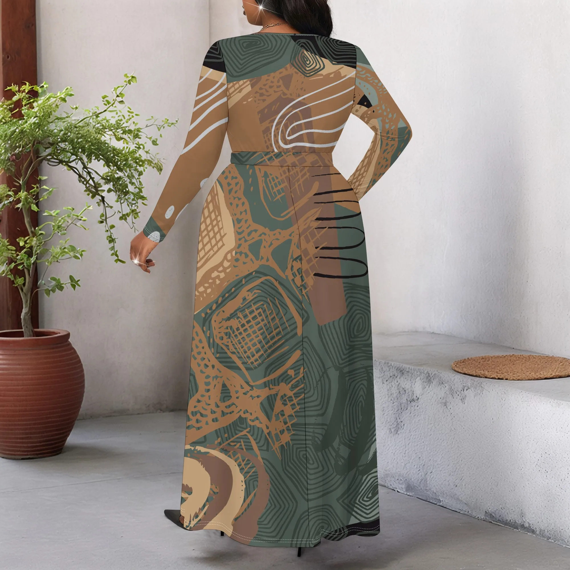 فستان نسائي بحزام بأكمام طويلة مقاس كبير، فستان جيب عصري مطبوع ثلاثي الأبعاد #6