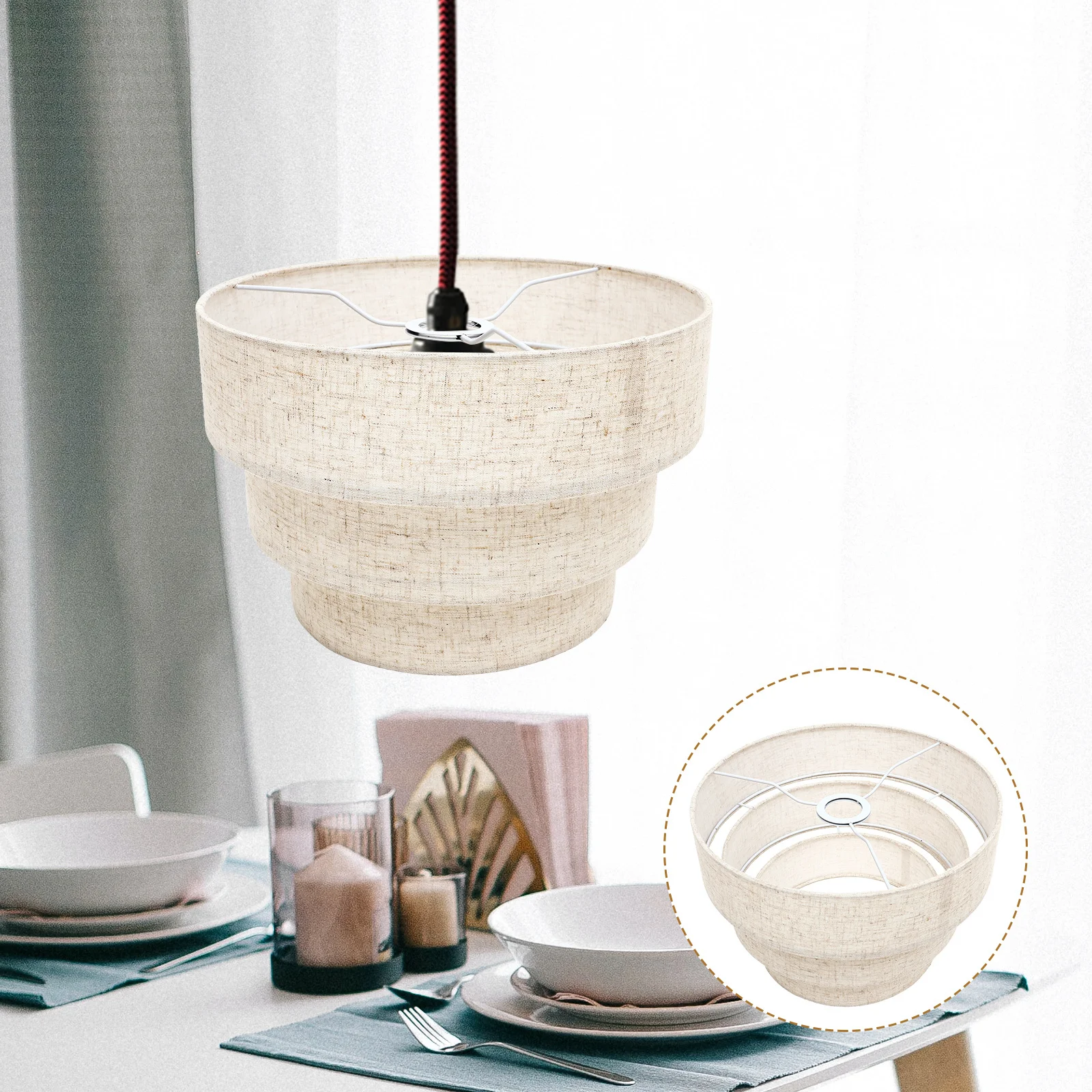 

3 Tier Lamp Shade Natural Linen Drum Cover For Floor Ceiling Pendant Lamp Modern Chandelier Light Replacement, Easy Install
