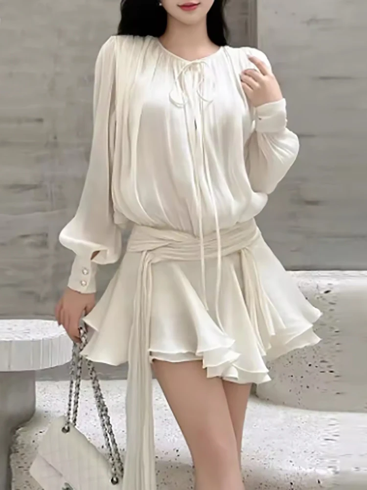 

Women's Elegant Ruched Mini Dress Round-Neck Lantern Long-Sleeves High Waist Temperament Sexy Hot Chick Dress Female Fashion