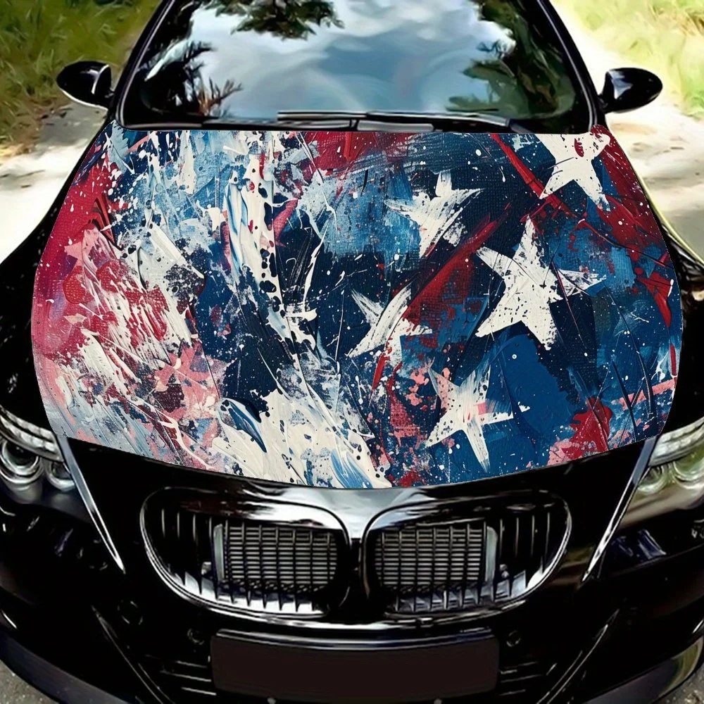 

Abstract red, white, and blue splashed ink stars Car Hood Vinyl Wraps Sticker, Car Engine Decal, Waterproof Self-adhesive Car Pa