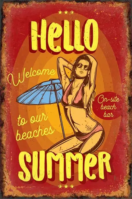 Hello Summer Welcome to Our Beach - Funny Retro Classic Art Wall Decoration - Garage Tin ​Metal Signs Artwork - Original Vintage