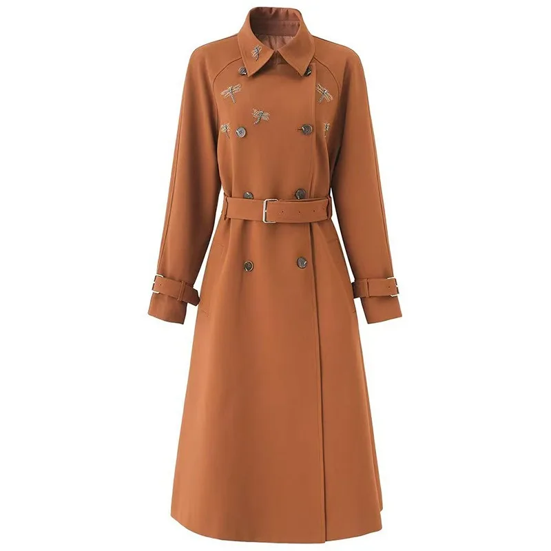 High Quality Embroidered Double-breasted Long Knee-strap Trench Coat