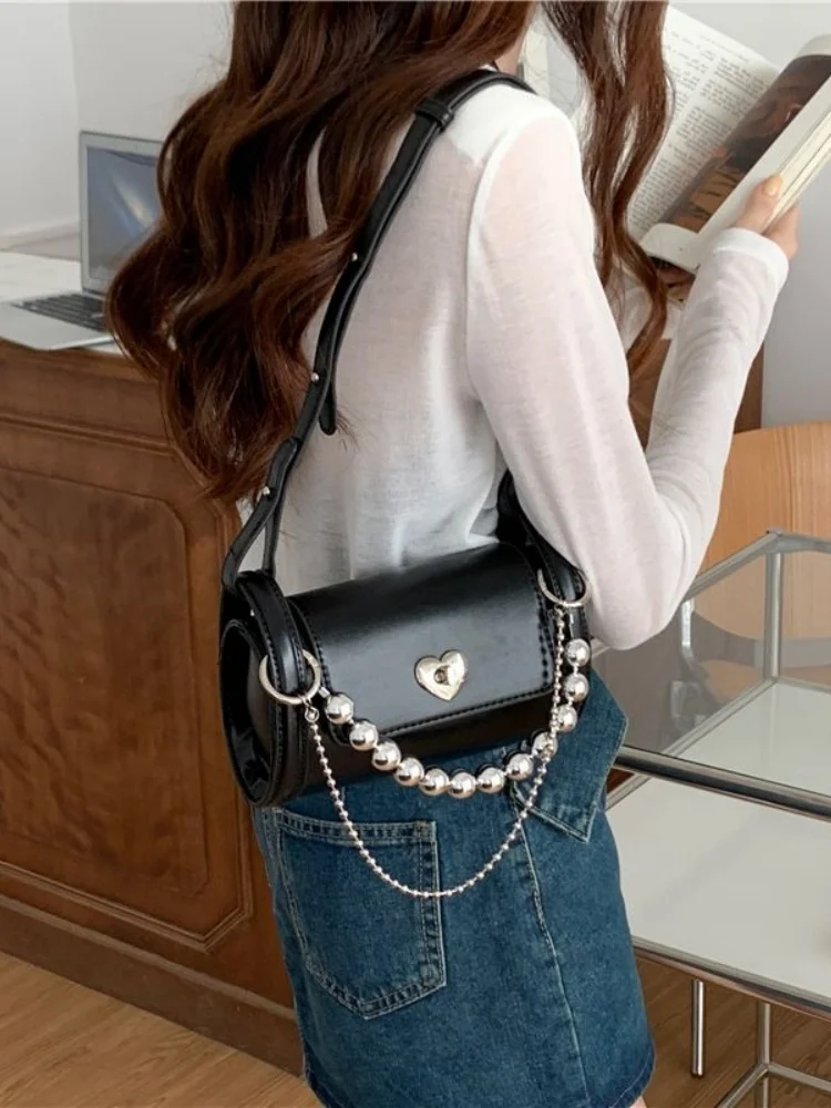 Sweet Girl Chain Heart Elegant Shoulder Bags Women Underarm Bag Fashion Commuter Solid Color Tote Bag Classic Bolsos All-match