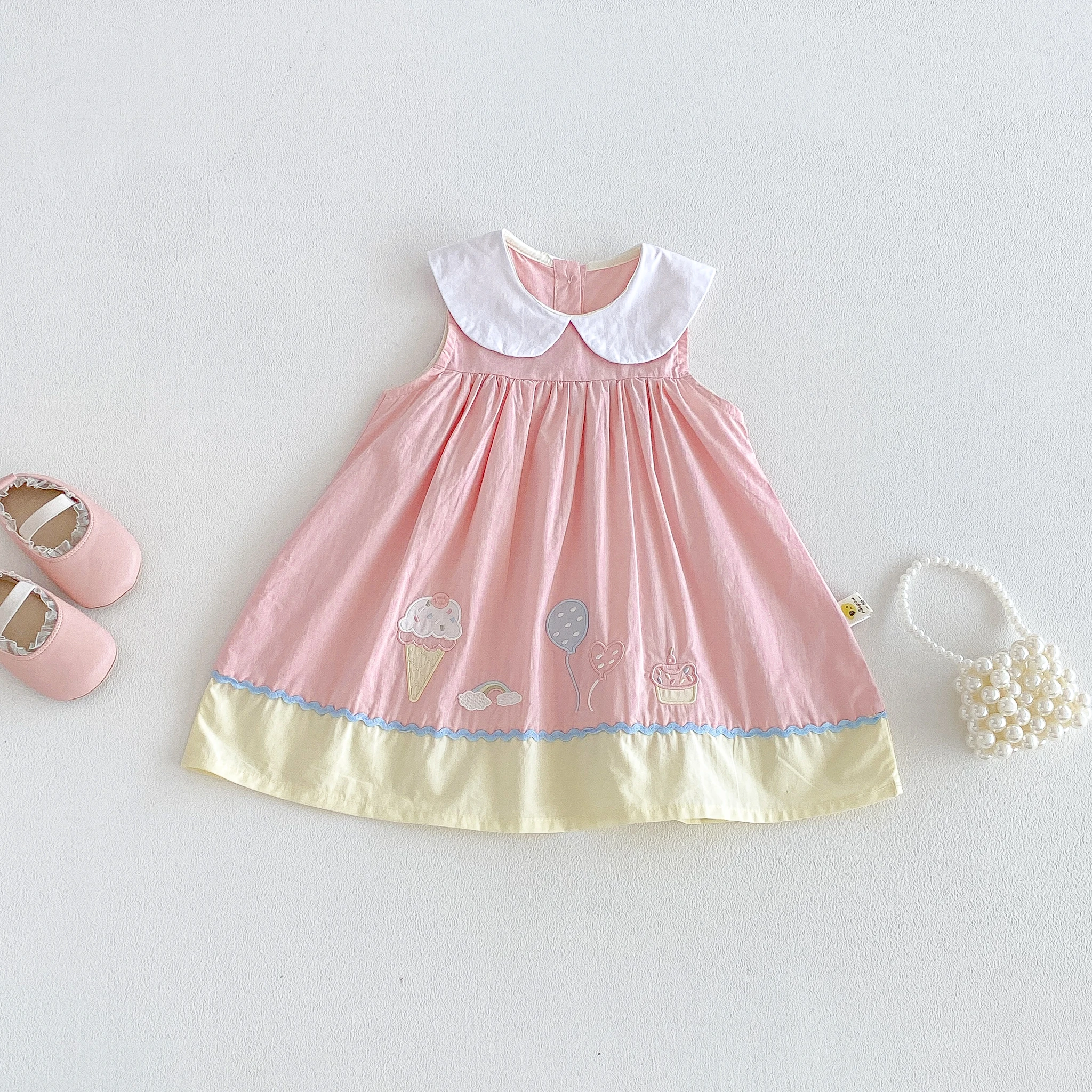 Summer New Baby Sweet Cartoon Color-Block Cotton Vest Dress With Stylish Doll Collar for Toddlers