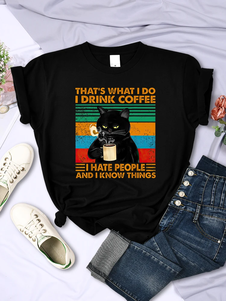 Das ist, was ich trinke, ich trinke Kaffee schwarze Katze Frauen T-Shirt Mode lässig Streetwear atmungsaktive Freizeit kleidung Frauen Kurzarm