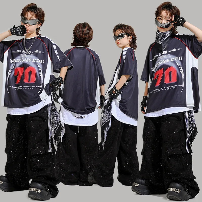 

Kid Kpop Hip Hop Clothing Navy Blue Motor T Shirt Top Black Casual Silver Scatter Cargo Pants for Girl Boy Dance Costume Clothes