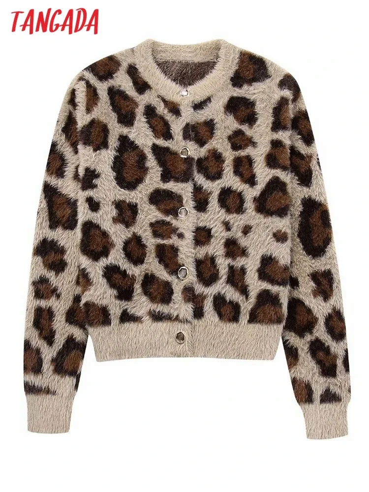 Tangada New Women Leopard Oversized Crop Knit Cardigan Sweaters Female Jumper Outwear BE184