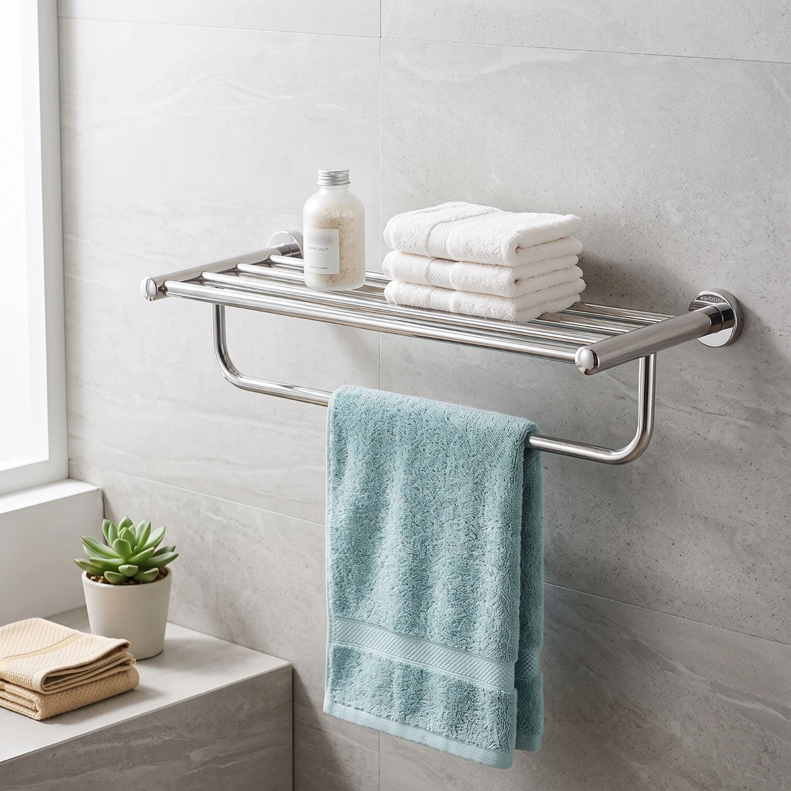 Wall Towel Rack with Shelf Compact Towel Bar with Shelf Hardware Minimalist Modern for Rental