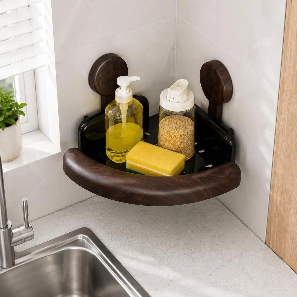Drill‑Free Bathroom Corner Storage Shelf, Strong Suction Cup Triangle Wall Organizer, Quick‑Install Kitchen Sink Rack
