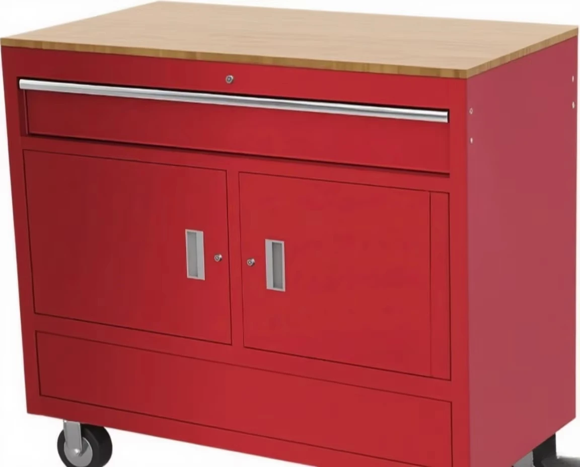 In. Mobile Workbench with Solid Wood Top Tool Cabinet Red