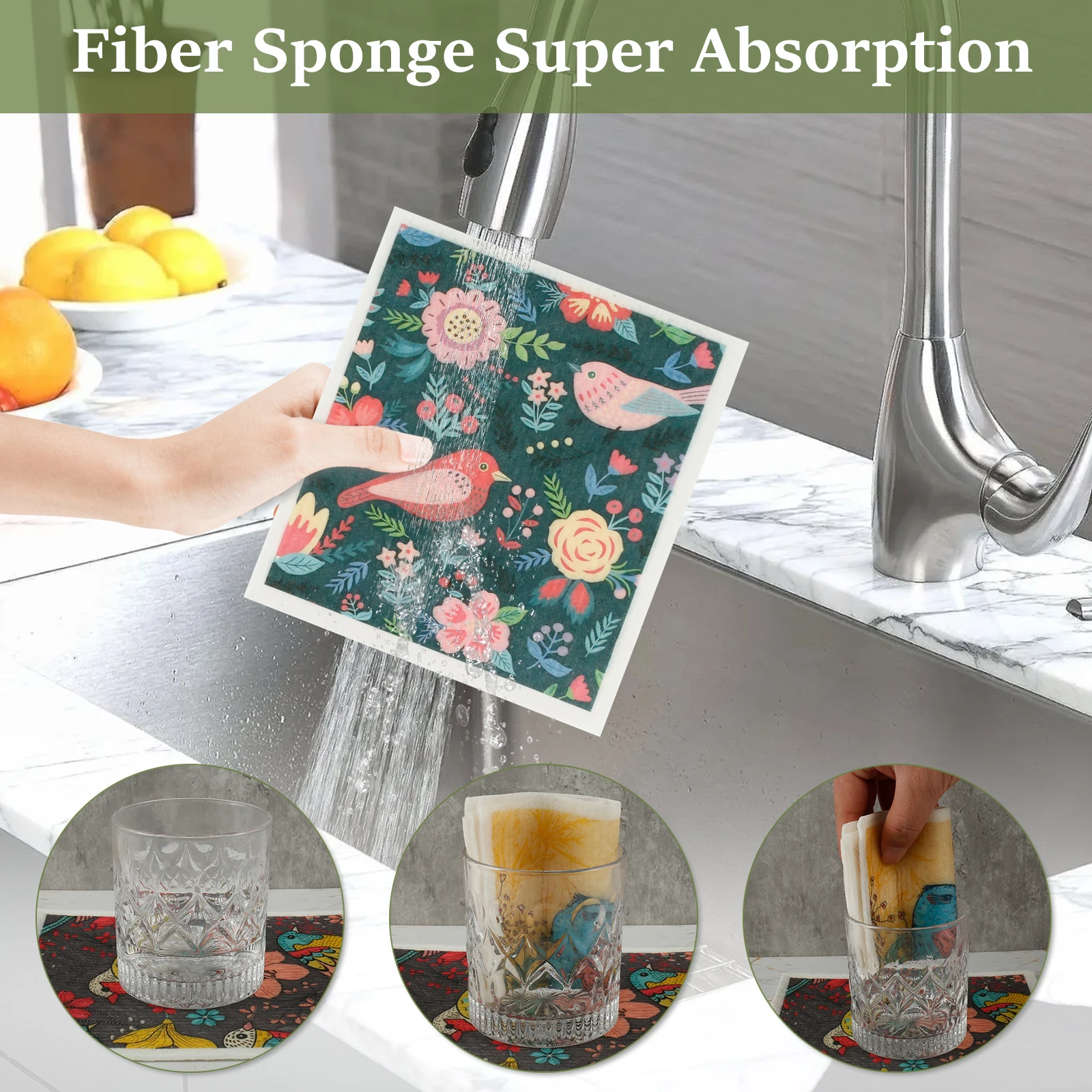 5/6Pcs Eco-Friendly Dishcloths Reusable Swedish Kitchen Dishcloths Super Absorbent Fast Drying Print Cleaning Dish Towels