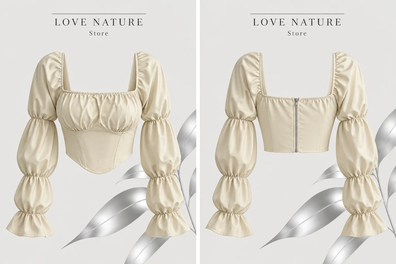 【LOVE NATURE Store】Women’s Beige Satin Corset Crop Top, Ruched Long Puff Sleeve Bustier