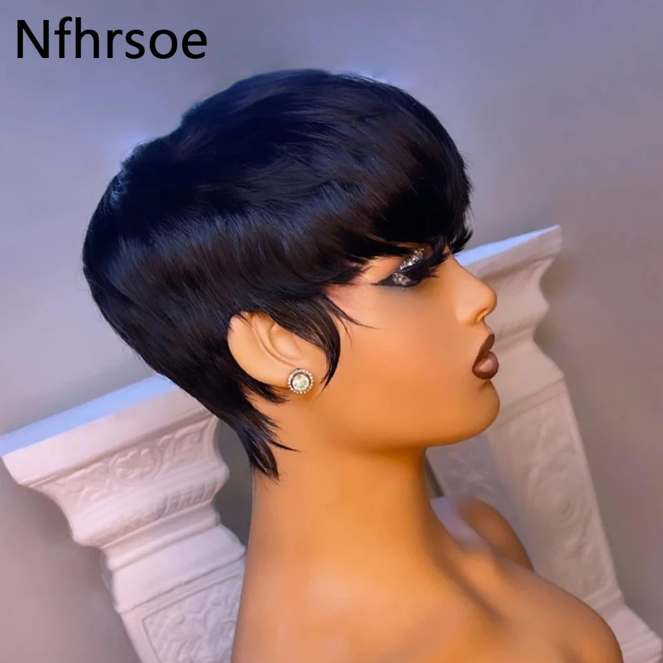 Pixie Cut Wig Human Hair Short Straight Bob Wigs For Black Women With Bangs Brazilian Virgin Hair Non Lace Front Cheap Wig Black