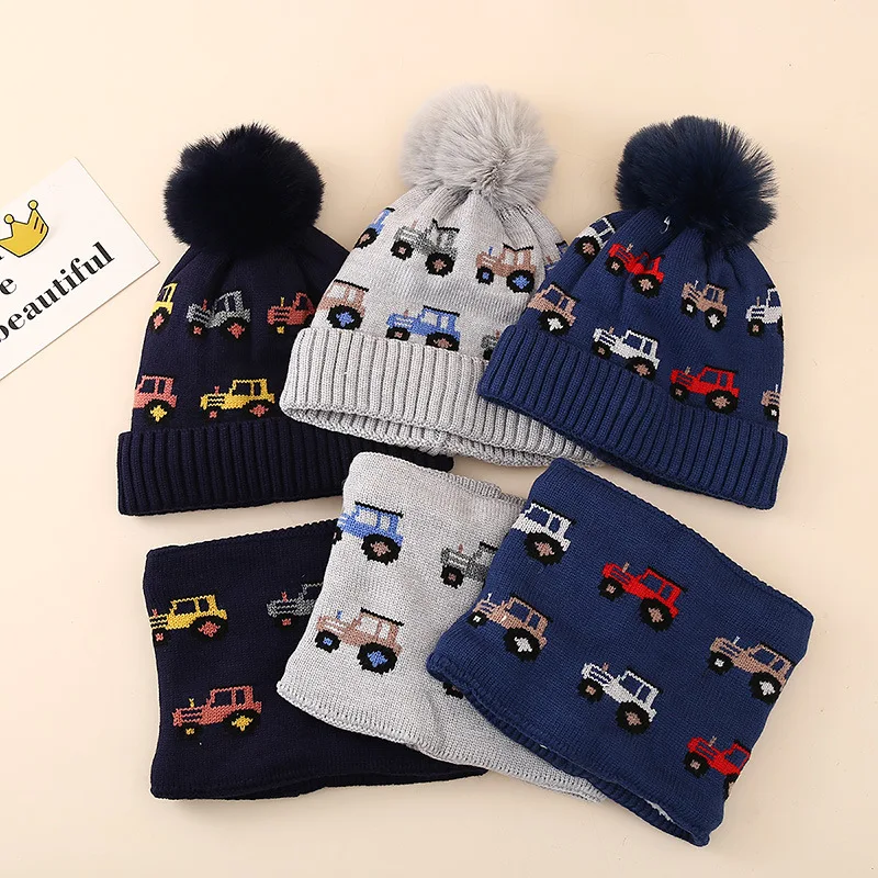 Winter children's warm knitted hat scarf two-piece set jacquard car plus velvet thickened warm set cross-border